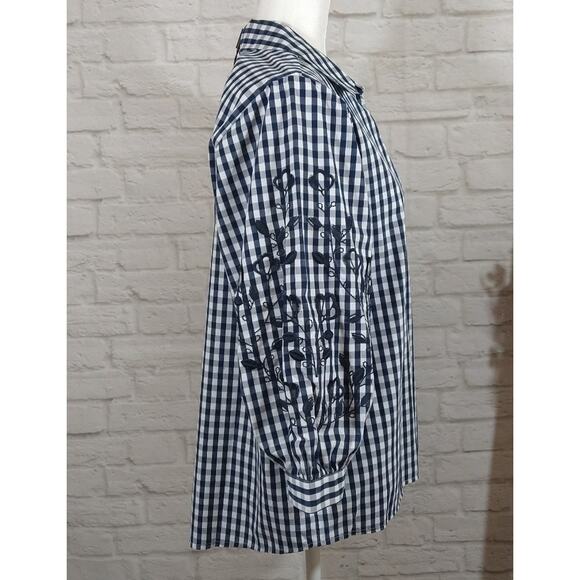 E Karl Lagerfeld Blue White Gingham Plaid Cottage Embroidered Top Shirt NWT S - Picture 4 of 9